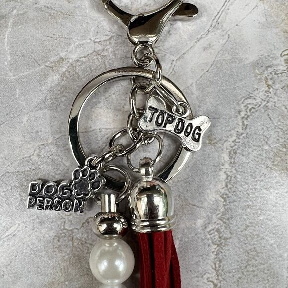 DOG PERSON Bag Charm Keychain Multi Faux Pearl Suede Tassel Bone Paw Pendant - Picture 9 of 11